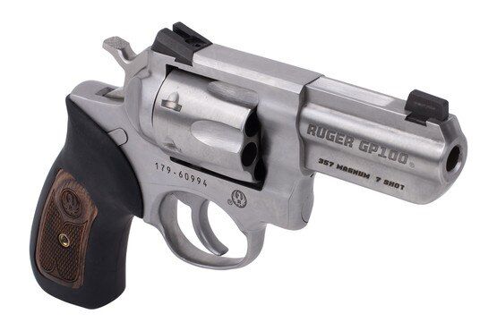 Ruger GP100 Wiley Clapp II 7 round revolver features a rubber grip with wood inserts